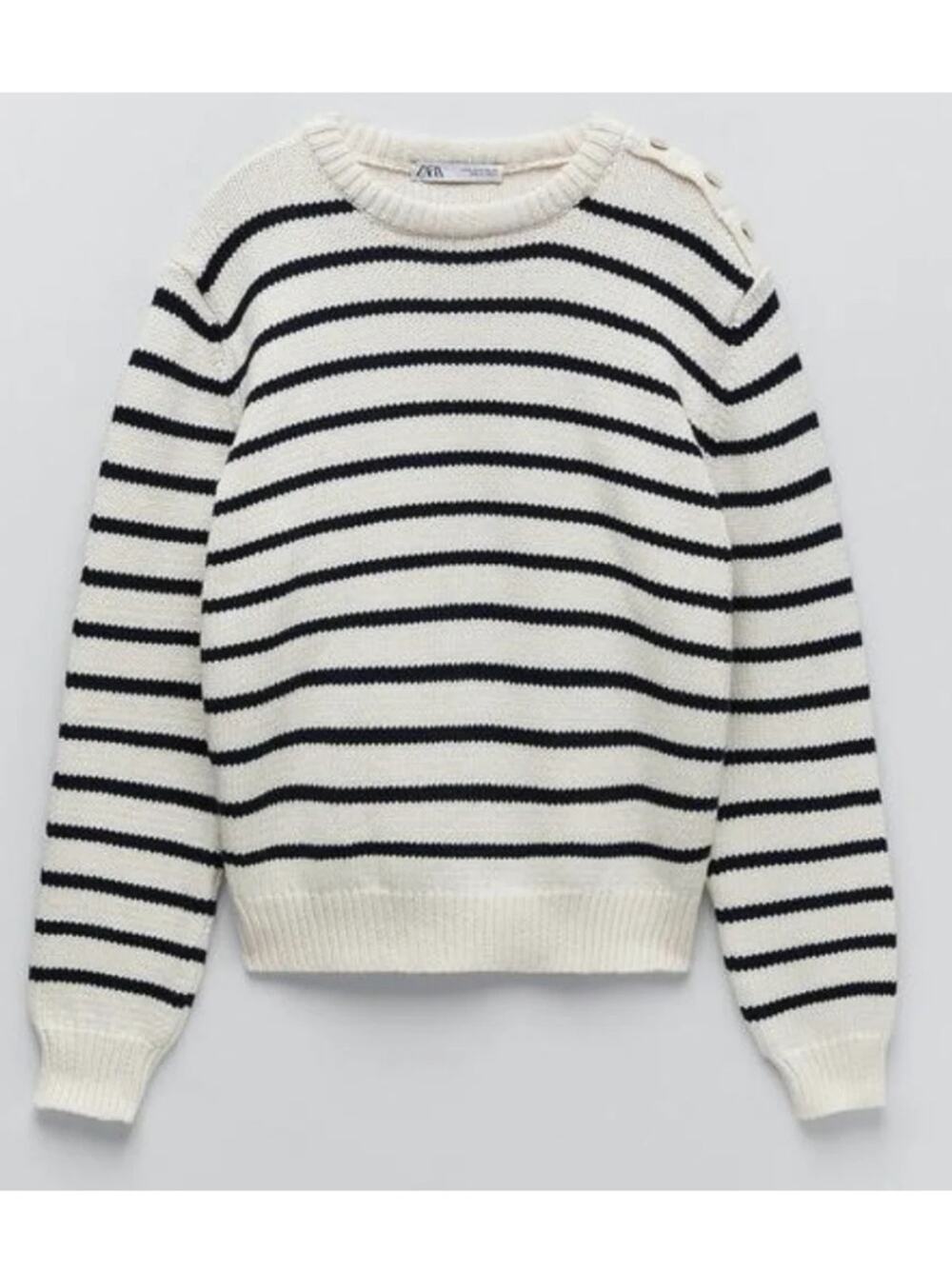 Zara Striped Knit Pulllover Crewneck Sweater Jumper XL Black Cream Gold Button